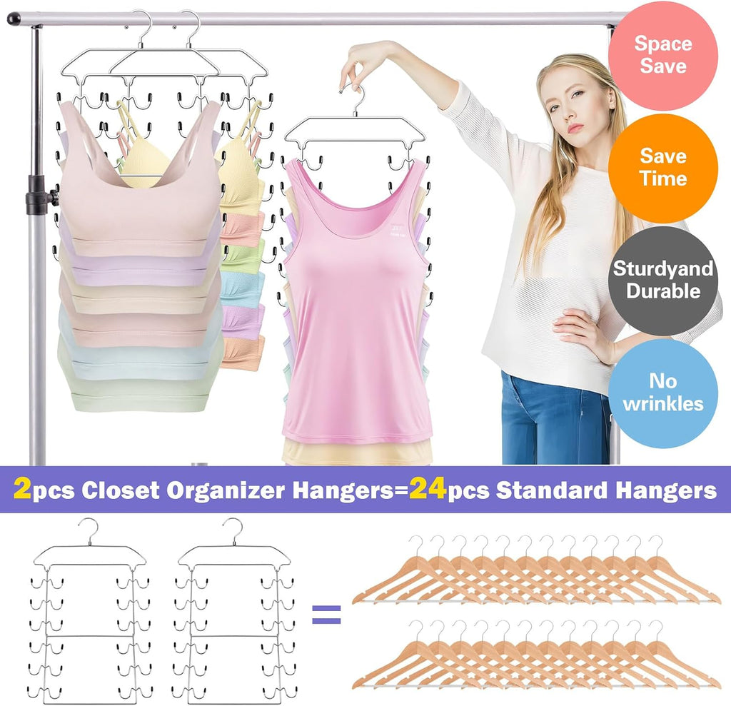Closet Organizers and Storage 2 Pack,Tank Top Hanger 6 Tier Double Space Saving Bra Hangers,Apartment Dorm Room Essentials for Girls,Non-Slip Hanging Closet Organizer Small Space Solution Organization