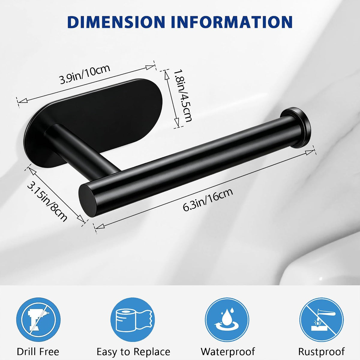 Toilet Paper Holder, Self Adhesive Toilet Paper Roll Holder No Drilling Wall Mount for Kitchen, Bathroom, Toilet, Matte Black Stainless Steel