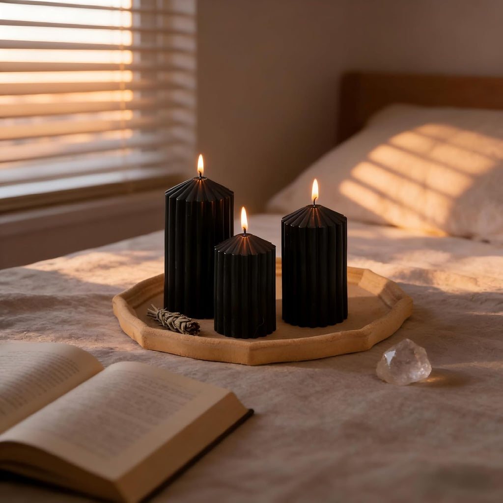 Black Ribbed Pillar Candles Set of 3, Halloween Candles Decor Unscented