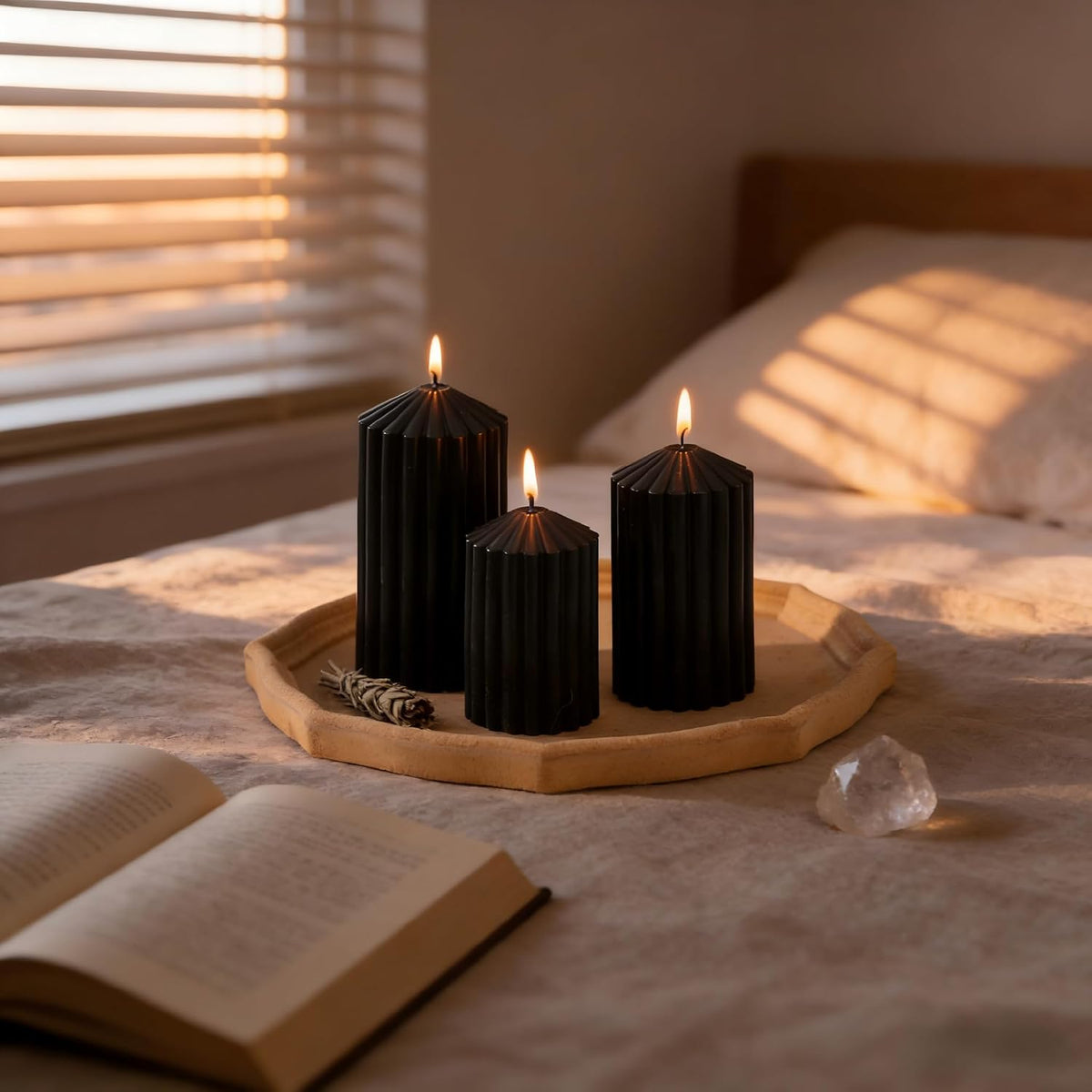 Black Ribbed Pillar Candles Set of 3, Halloween Candles Decor Unscented