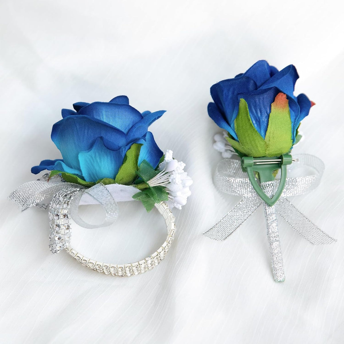 2Pcs Blue Rose Corsage and Boutonniere Set, Corsage Wristlet Band for Prom Suit Decorations, Artificial Boutonniere for Men Wedding Party Flower Accessories