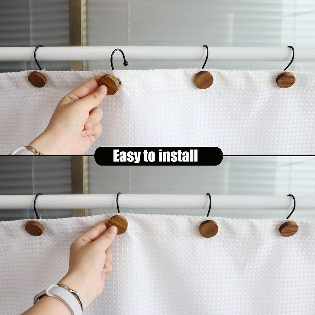 Shower Curtain Hooks, Wood Decorative Shower Curtain Rings, Modern Round Log Shower Curtain Hangers, 12PCS Metal Shower Hooks for Shower Curtain Rod, Bathroom, Bedroom, Living Room (Black)