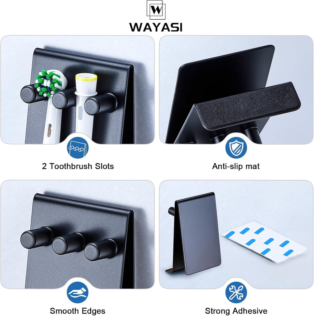 Electric Toothbrush Head Holder, Self Adhesive or Desktop Tooth Brushing Holder, Wall Mounted Toothbrush Holders Shower Bathroom, Tooth Brush Holder Organiser (Black, Small)