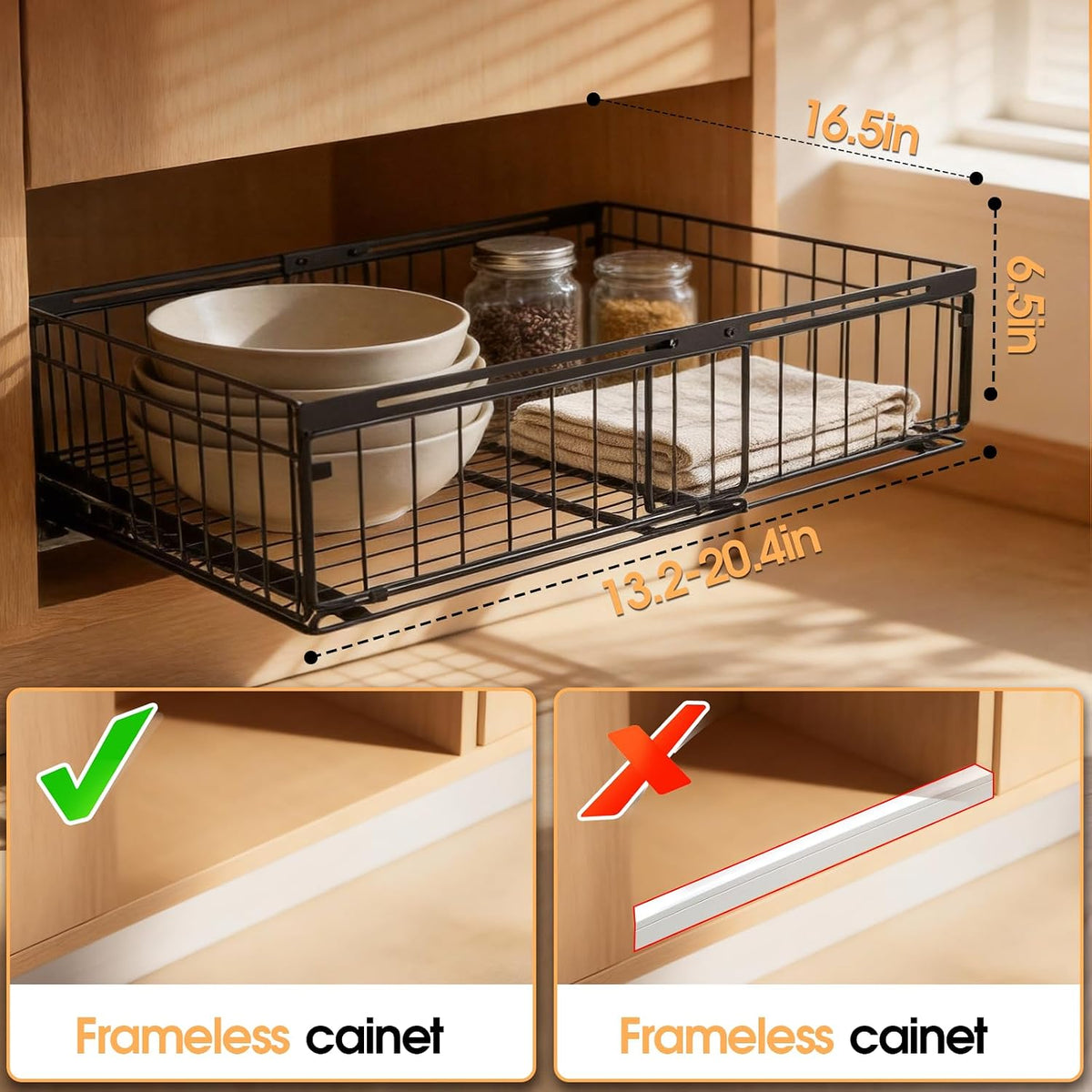2Pack Expandable Pull Out Cabinet Organizer Adjustable Width 13"-20", Kitchen Organization with Adhesive.Bathroom Under Sink Organizers and Storage,Bedroom Slide out Drawers,Pantry
