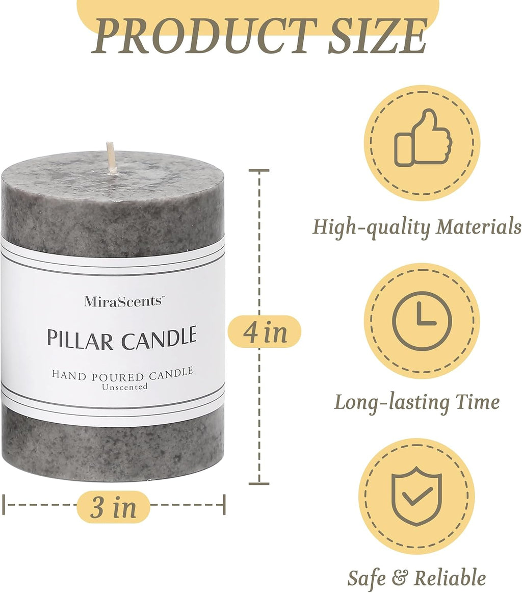 3x4 Inch Grey Pillar Candles Set of 3, Hand-Poured Unscented Pillar Candles