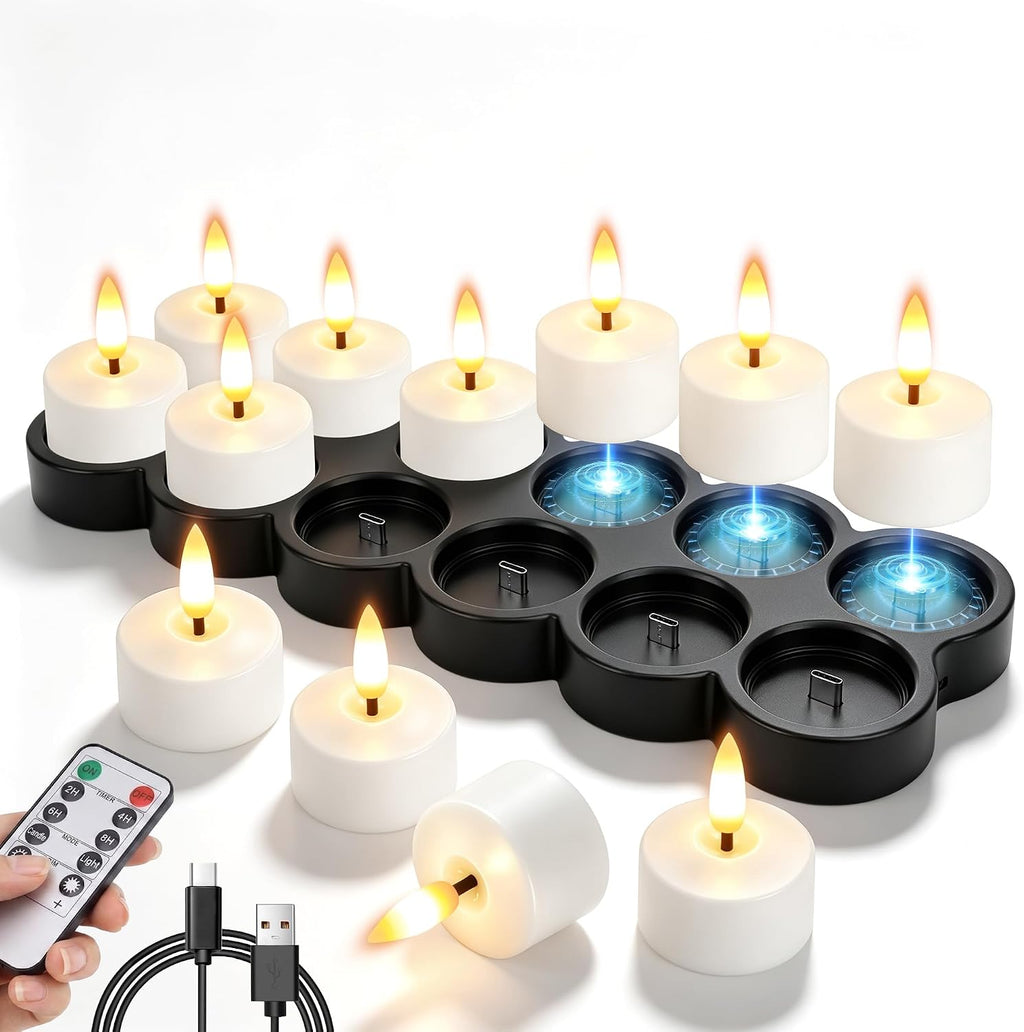 12 Pcs Rechargeable Flameless Candles with Remote Timer & Charging Base