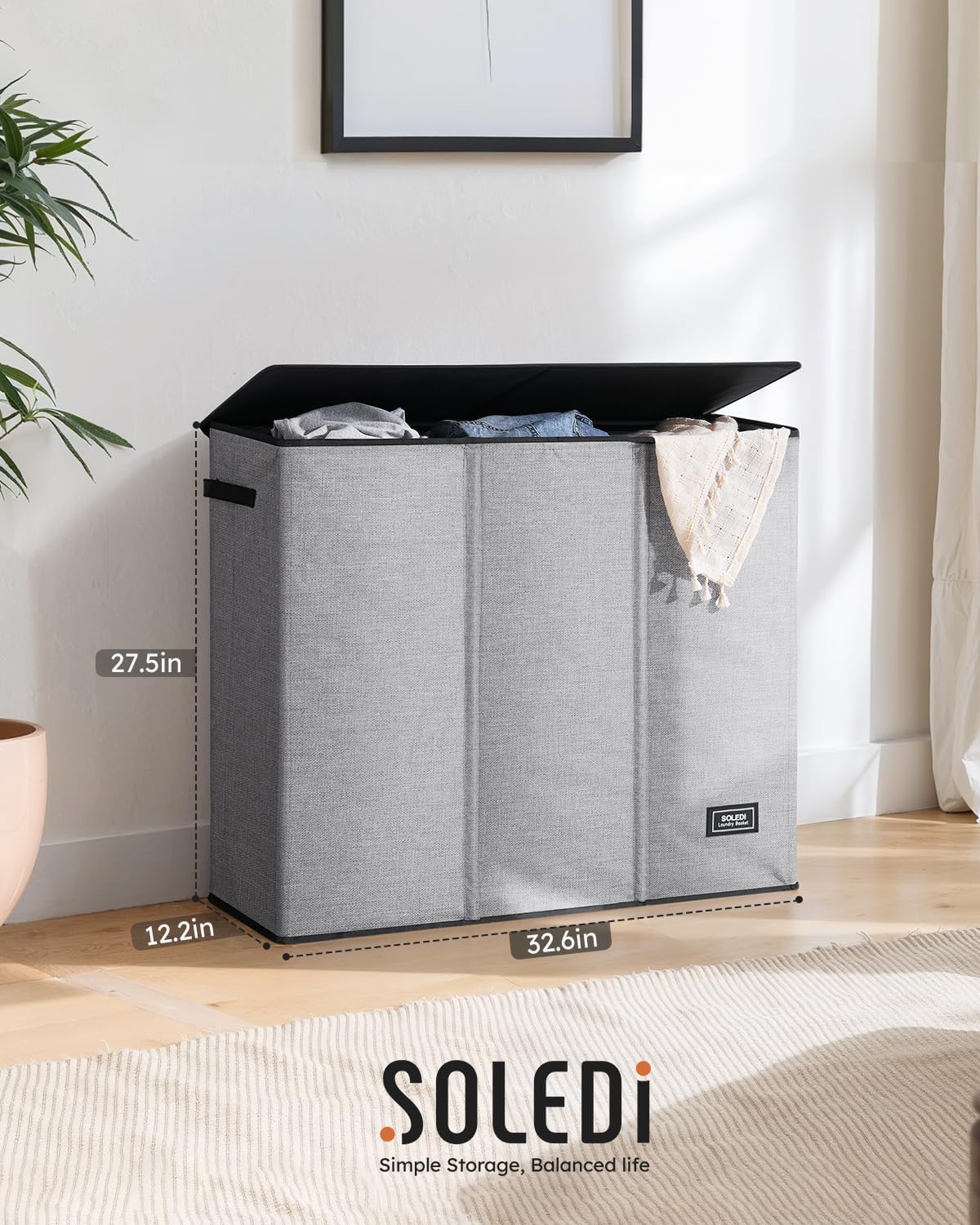 SOLEDI Large Laundry hamper 3 Section with Lid, 180L Laundry Basket, Grey