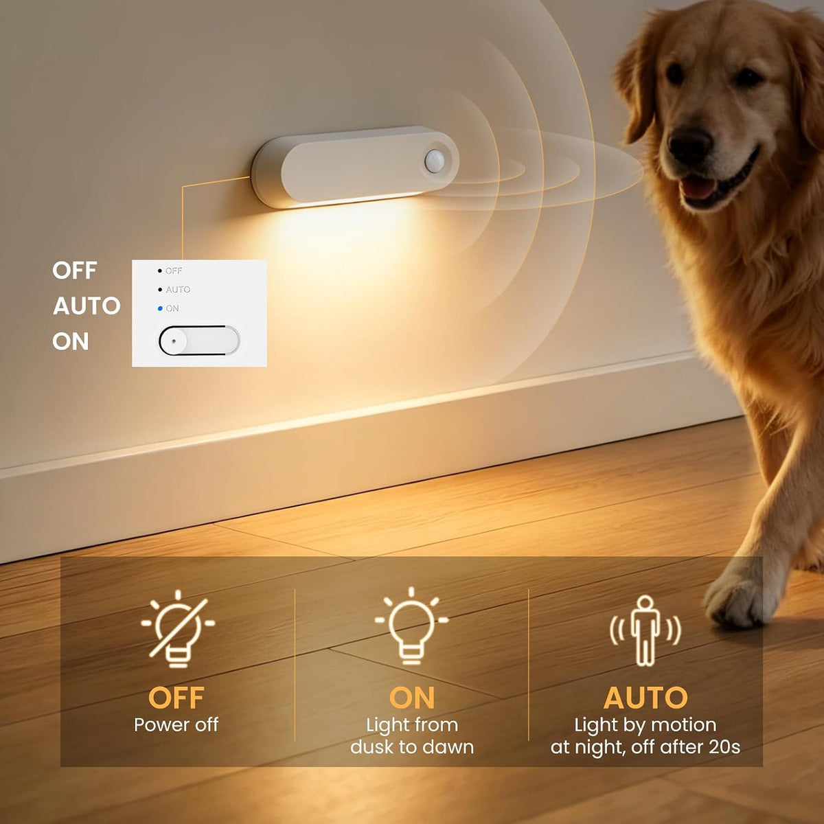 Kitloo Rechargeable Motion Sensor Night Light, 1800mAh Battery Operated Stair Lights Indoor, 60LM Warm White LED Night Light for Bathroom, Hallway, Stairs, Toilet, Bedroom, Wall Mount Stick-On, 2 Pack