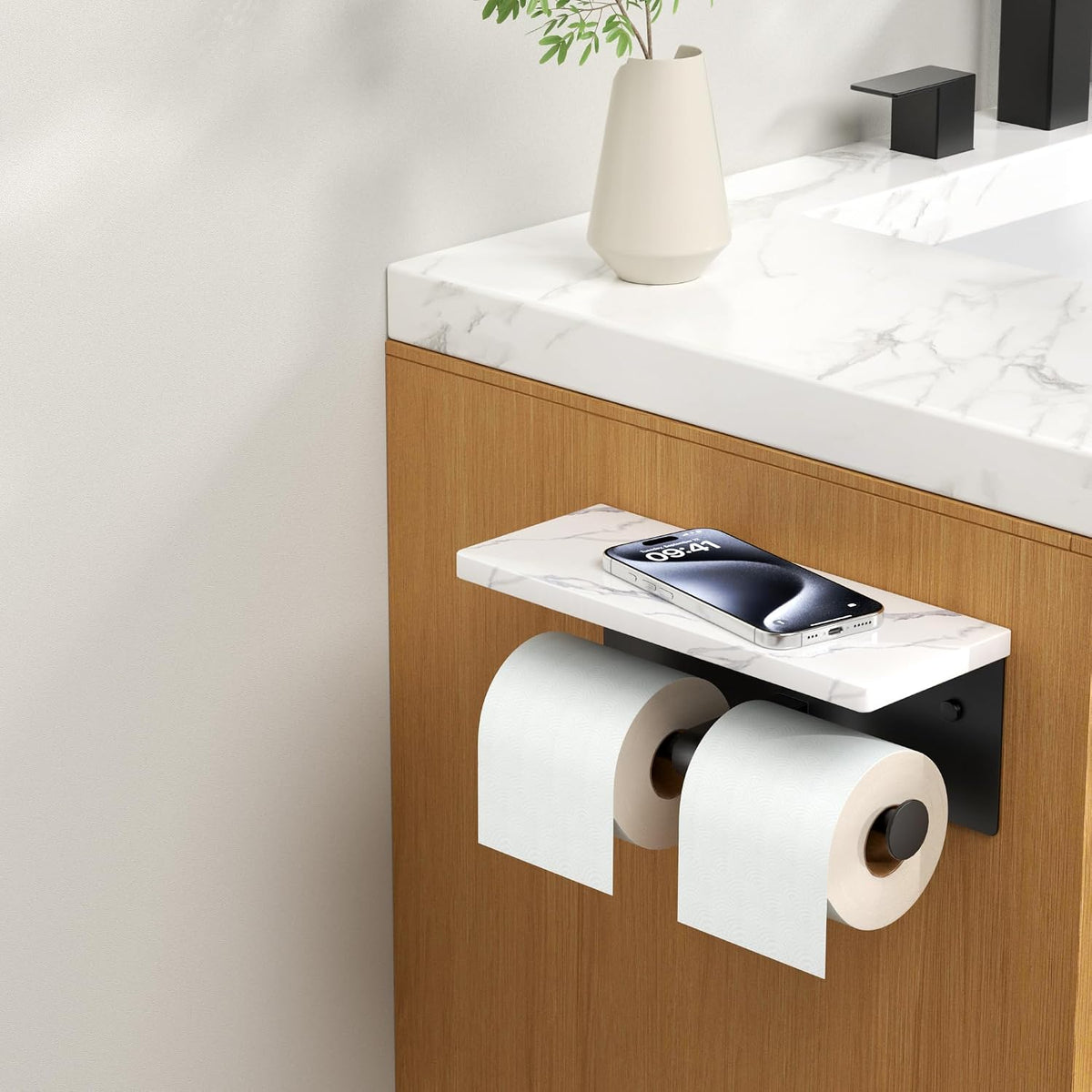 FORIOUS Double Marble Toilet Paper Holder with Phone Shelf, Mattle Black