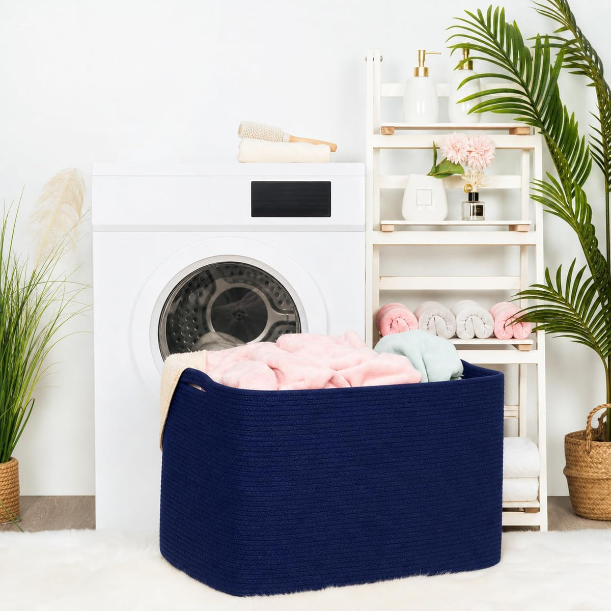 MINTWOOD Design 112L Extra Large Blanket Basket Holder Living Room, 25"x17"x16" Rectangle Rope Woven Storage Basket with Handles for Laundry, Towels, Shoes, Dog Toy Organizer Bin Box, Full Navy