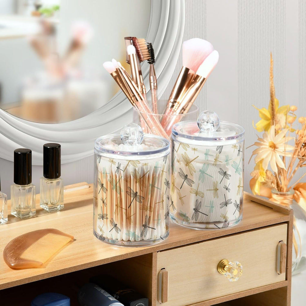4 Pack Qtip Dispenser Apothecary Jars Bathroom Organizer, Golden Blue Dragonfly Retro Qtip Holder Storage Canister Plastic Acrylic Jar for Cotton Ball/Swab/Rounds
