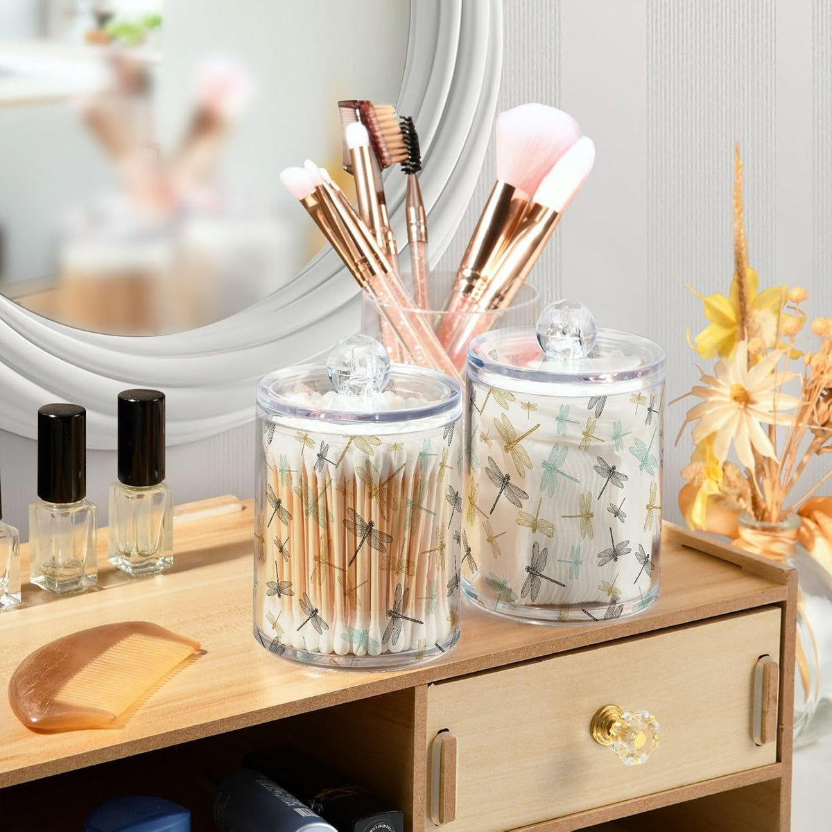 4 Pack Qtip Dispenser Apothecary Jars Bathroom Organizer, Golden Blue Dragonfly Retro Qtip Holder Storage Canister Plastic Acrylic Jar for Cotton Ball/Swab/Rounds