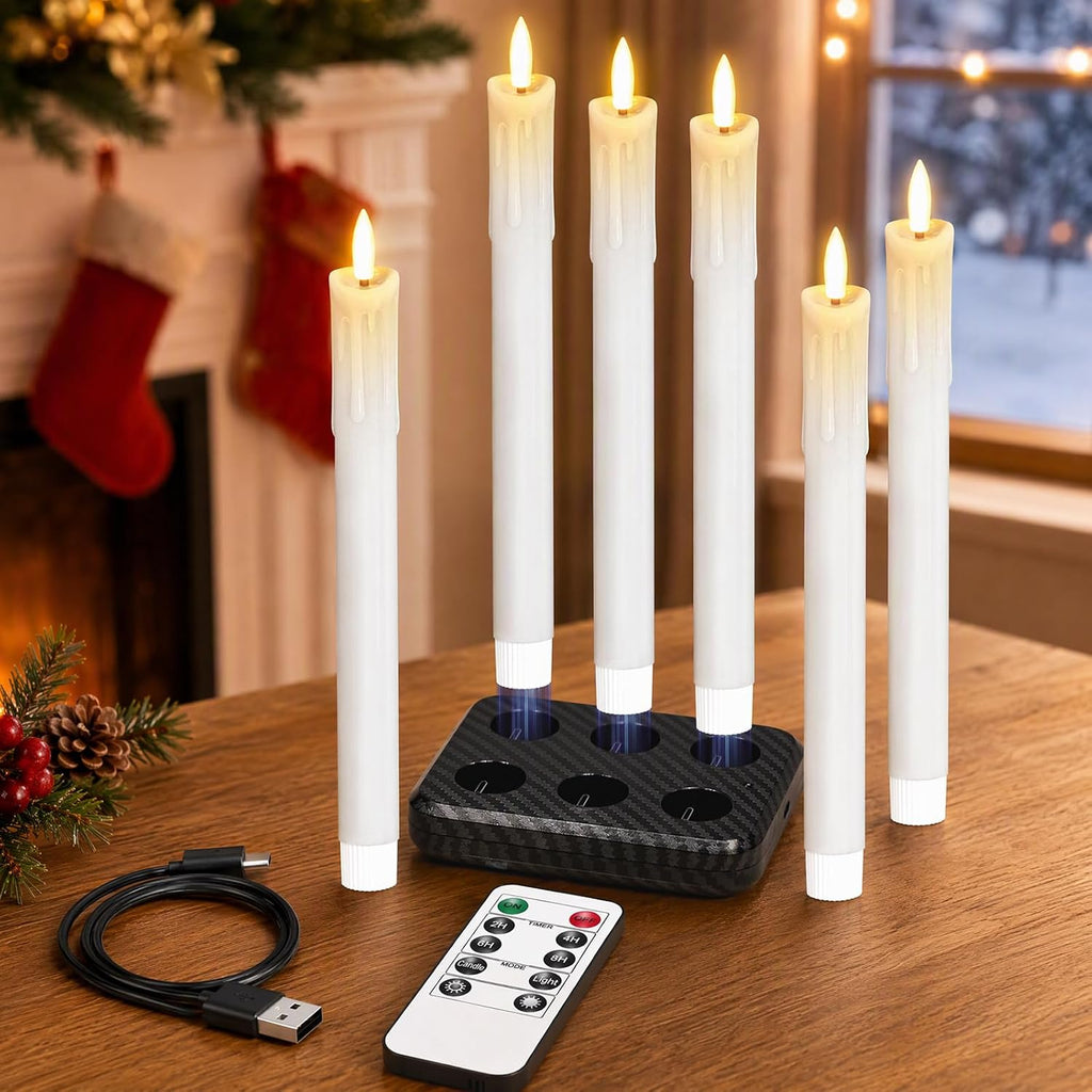 Rechargeable Flameless Taper Candles with Charging Base, White