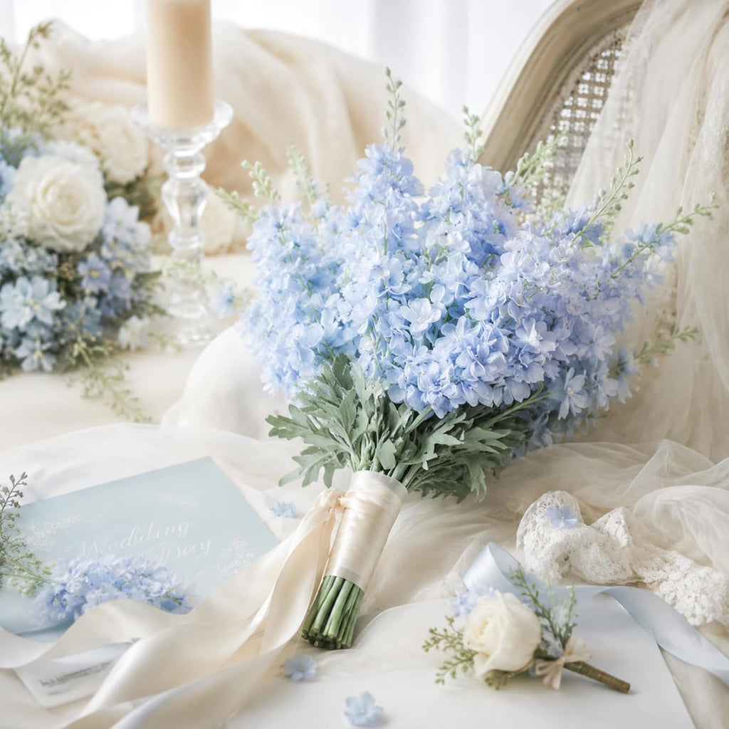 Thiccywoov 24 Pcs Blue, White Delphinium Artificial Flower Bulk, 34.25"
