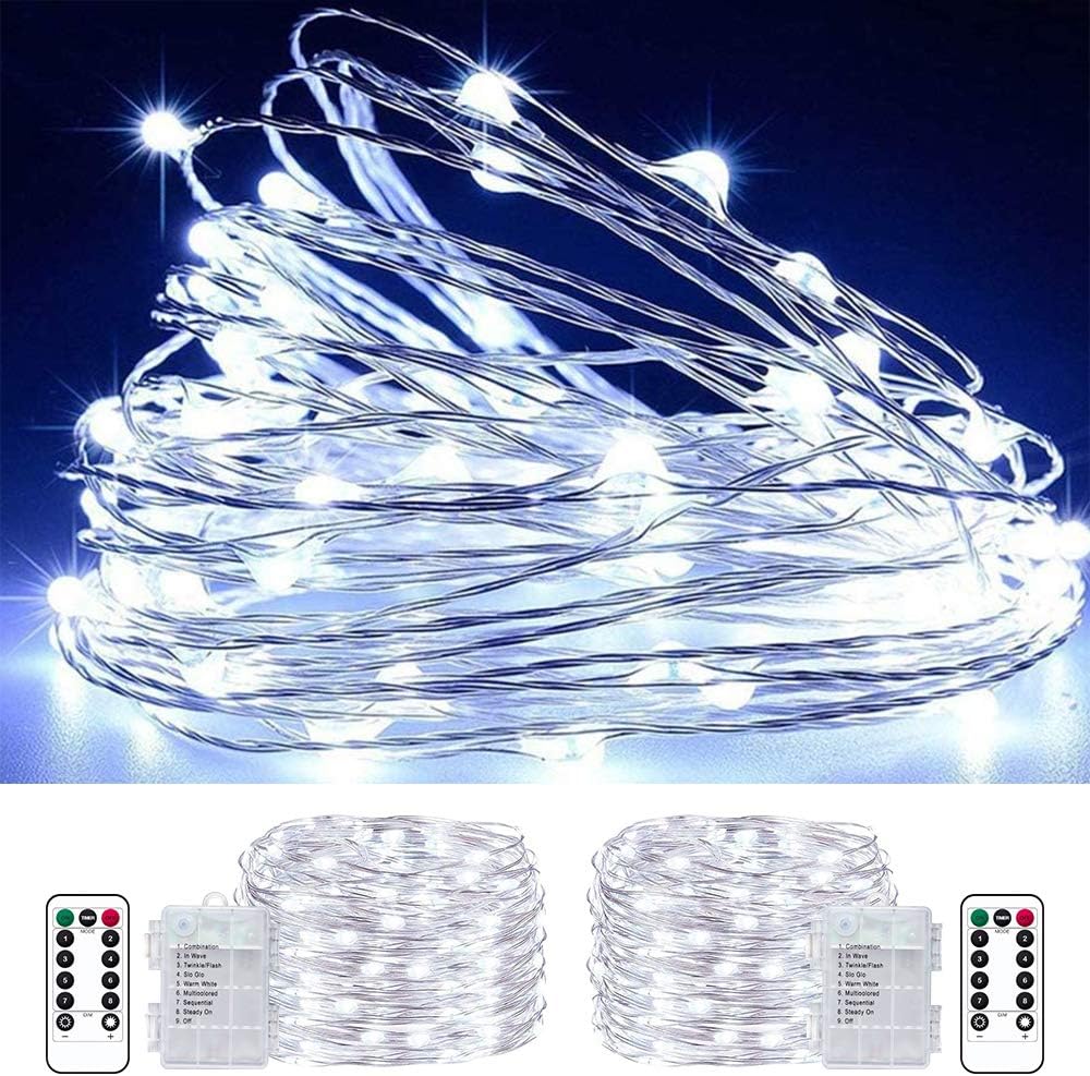 LED Fairy String Lights Battery Operated,2 Pack 33ft 100 LED Waterproof Cool White Twinkle Firefly String Lights with Remote& 8 Lighting Modes Indoor Outdoor Christmas Patio Party Decor