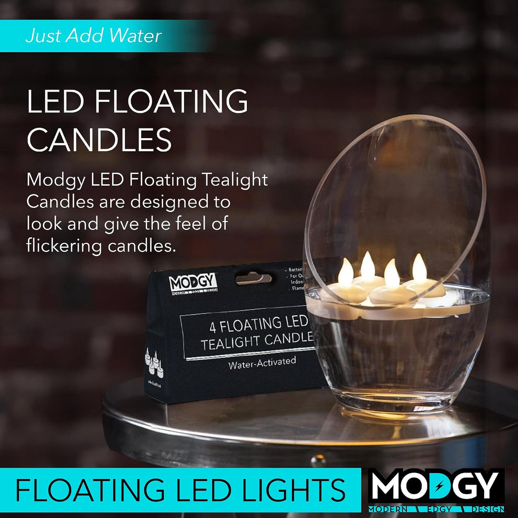 MODGY LED Floating Tealight Candles Flameless Battery Operated Flickering Light Candle, Water-Activated, White, Set of 4