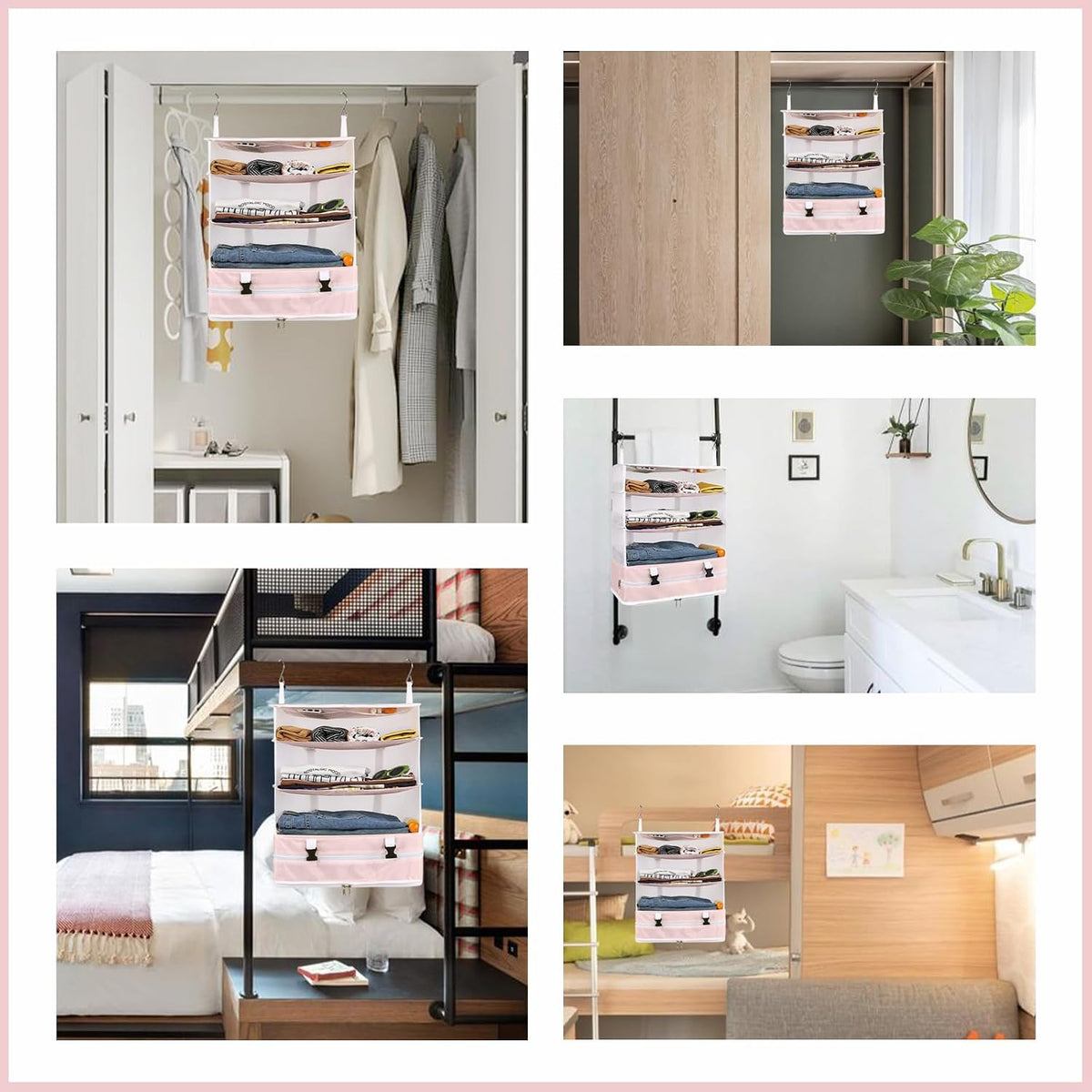 Surblue Hanging Closet Storage Bag Collapsible 3-Shelf Washable Oxford Fabric with 2 Hooks (XL 17.71*11.81*20in, Pink)