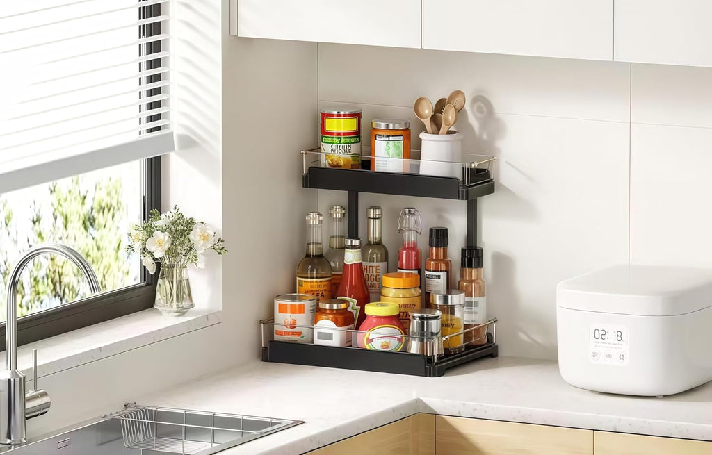 heart & home 1-Pack Under Sink Storage Organizer for Kitchen & Bathroom Cabinets with Removable Washable Tray, Tool-Free Assembly – Multi-Purpose for Kitchen Countertop, Vanity, & Laundry Room，Black