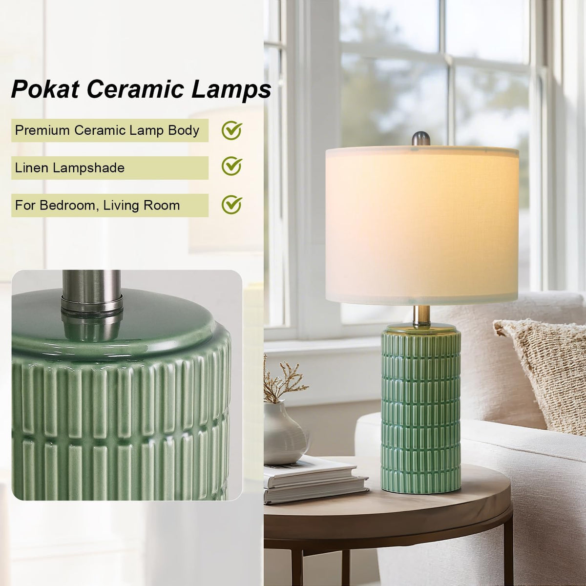 PoKat 20.75" Small Modern Ceramic Table Lamps Set of 2 for Bedroom, Green Bedside Lamps for Night Stands, Farmhouse House Decor Nightstand Table Lamps for Living Room End Table Green