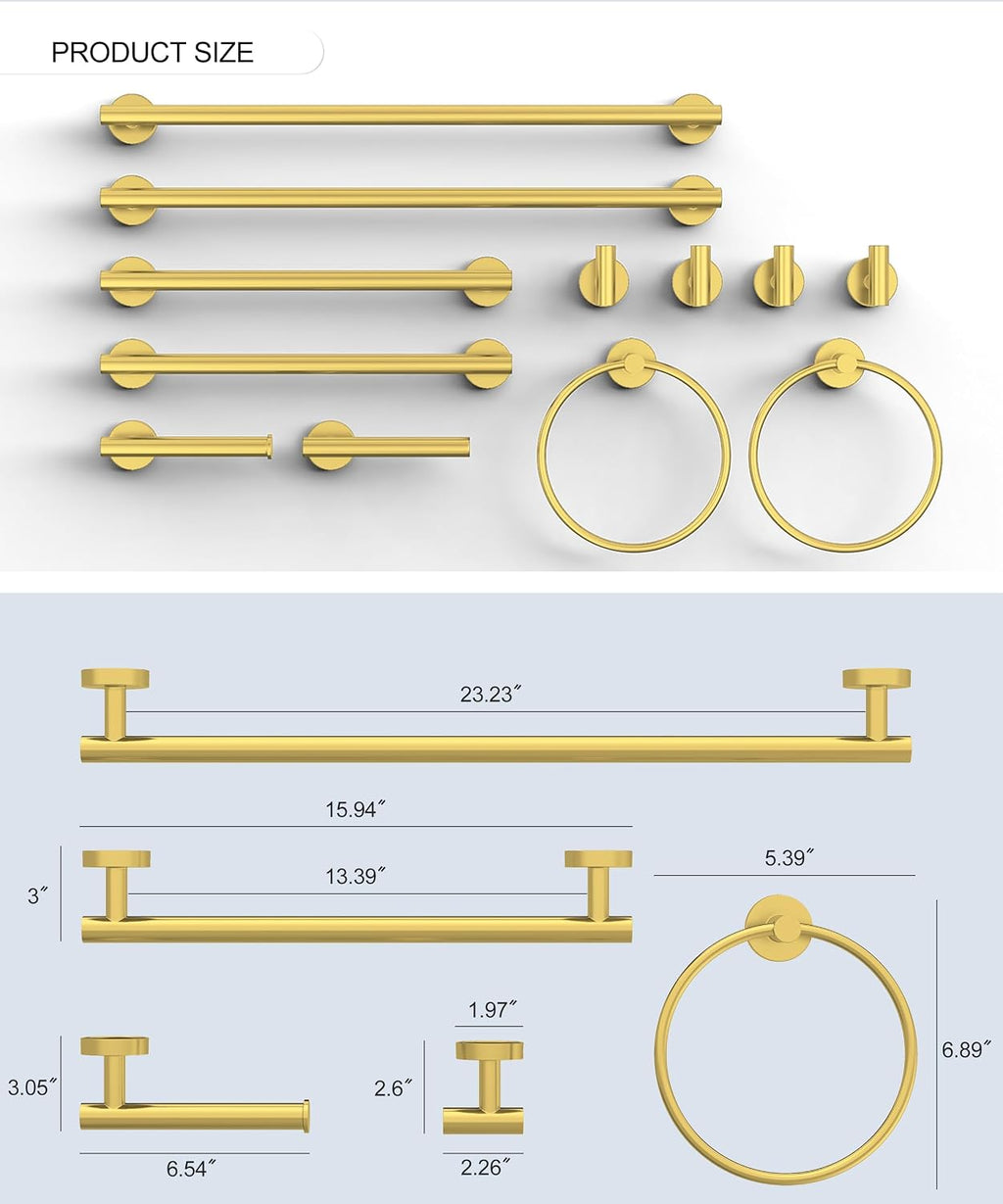 12Pcs Brushed Gold Bathroom Hardware Accessories Set SUS304 Stainless Steel