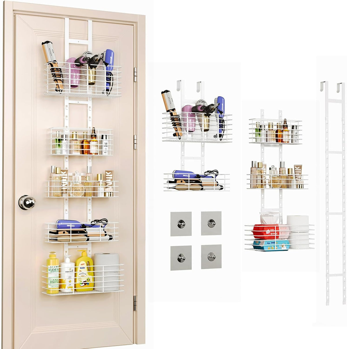 Yuyetuyo 5-Tier Over The Door Organizer Bathroom Shelves Hair Tool Organizer - Hair Dryer Holder Adjustable Height, DIY Bathroom Storage Shelf Wall Mounted Behind The Door Storage