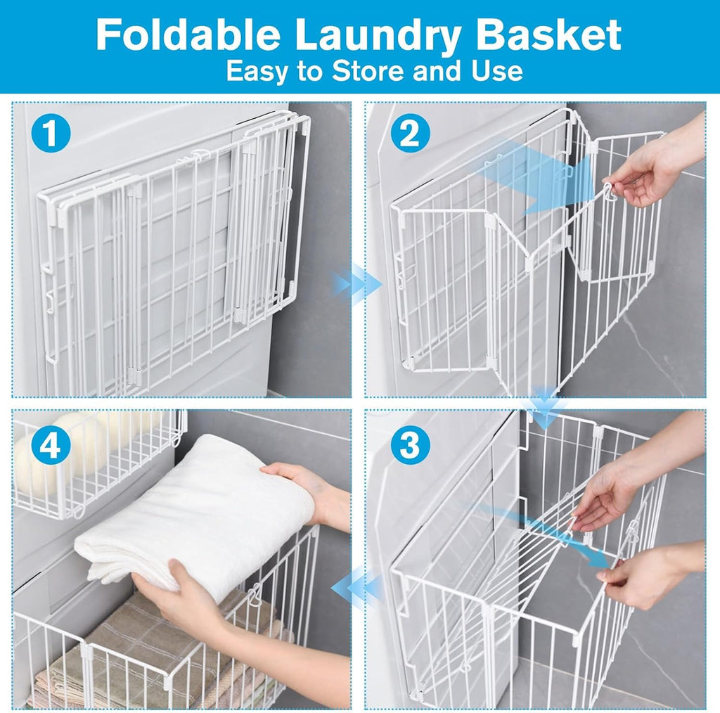 Magnetic Collapsible Laundry Basket, Foldable Metal Laundry Hamper for Washing Machine Side, Space Saving Pop Up Hamper, Laundry Room Organization and Storage (White)