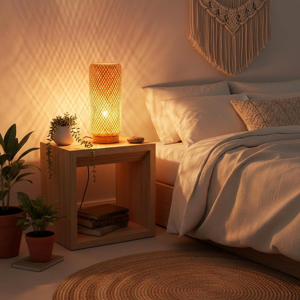 Arturesthome Bamboo Table Lamps with Shade, Rustic Farmhouse Boho Coastal Desk Lamp Night Light for Decorative Bedroom, Study Room, Cafe, Bookcase