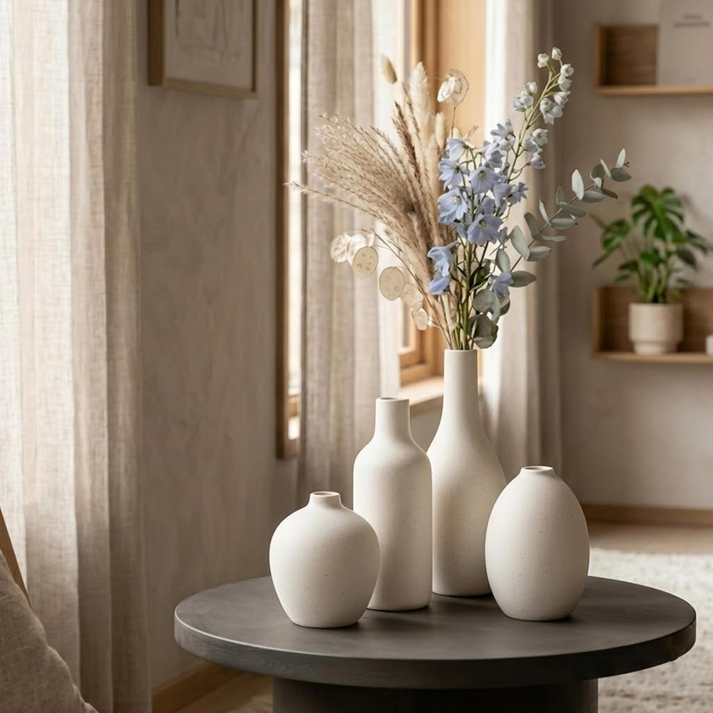 Ceramic Vase Set of 4 – Modern Farmhouse Decorative Vases for Home Decor, Minimalist Matte Pottery Vases for Flowers, Pampas Grass, Table Centerpiece, Mantel, Shelf & Entryway (Beige)