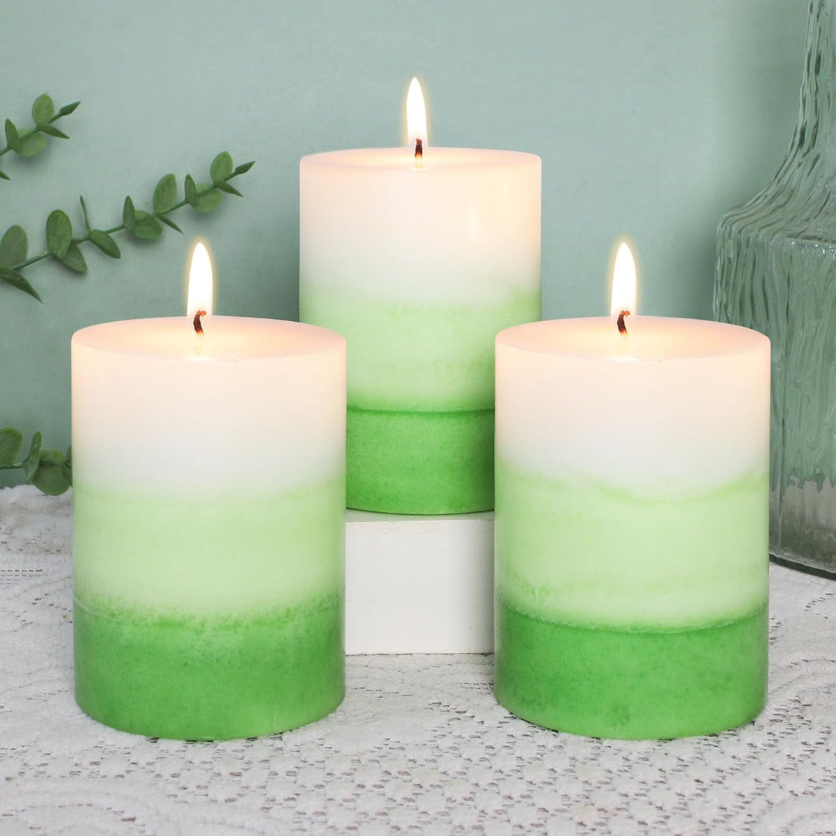 Pillar Candles 3x4 Inch Eucalyptus Scented Hand-Poured Layered Green Gradient Candle Long Lasting Clean Burn Candle for Home Scented Relaxation Spa Holiday Dinner Table Rustic Decor, 3 Pack