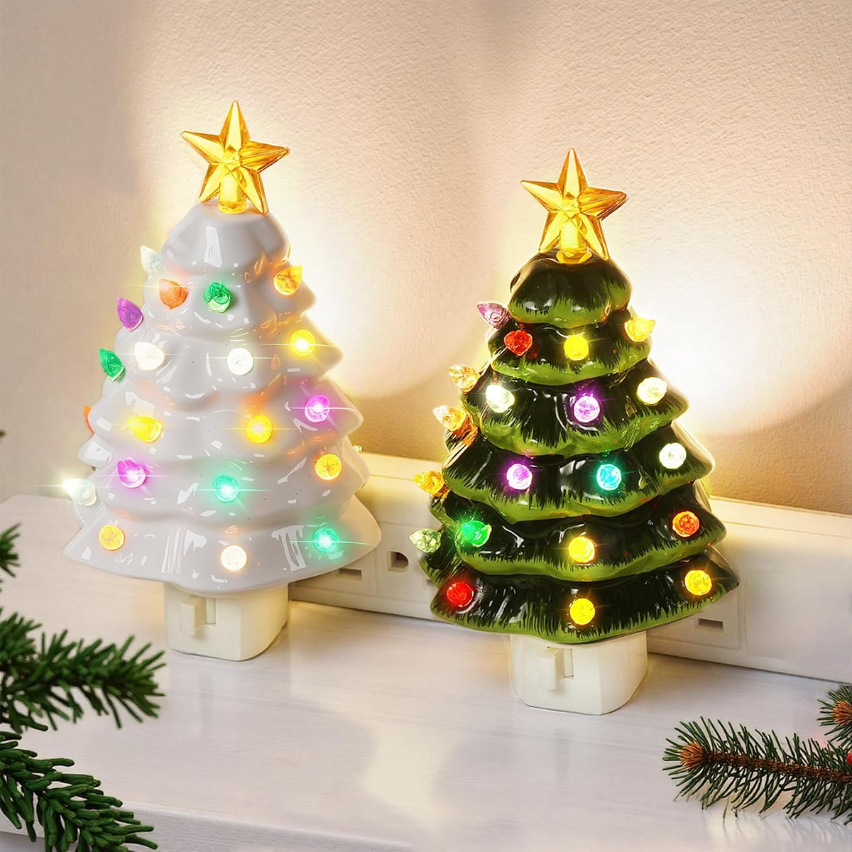 Brightever 2 Packs Christmas Night Light for Bedroom, Vintage Christmas Decor Tree Lights with On/Off Switch, Multicolor LED Lights, 360 Swivel Plug, Xmas Decorations for Home Bathroom - Green/White