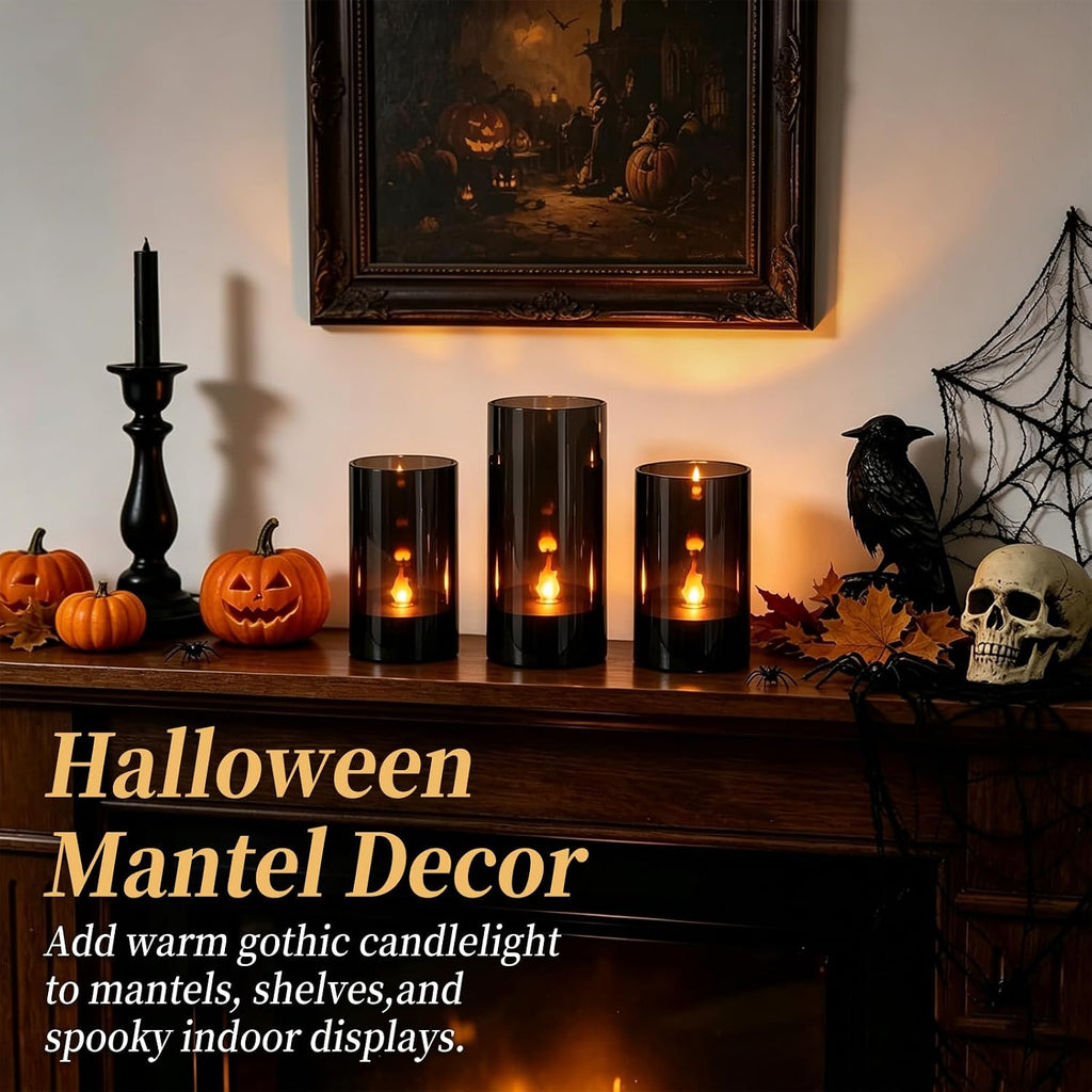 3Pcs Black Halloween Flameless LED Pillar Candles,Flame Light with Remote