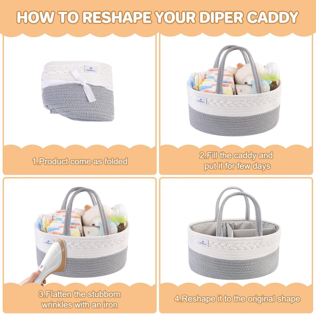 PHILORN Diaper Caddy Organizer, Cotton Rope Diaper Caddy Basket