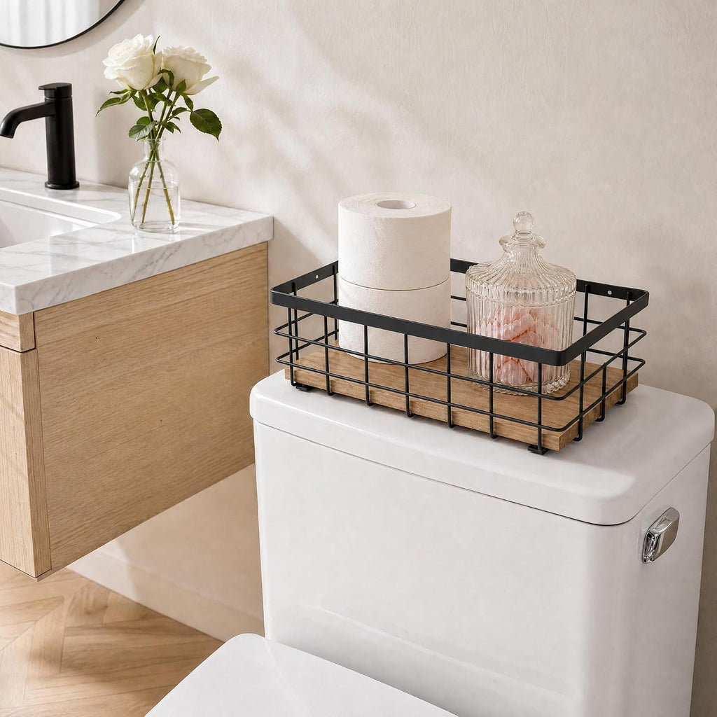 TJ.MOREE Small Metal Wire Basket, Decorative Wood Base Organizer for Bathroom, Kitchen, Basket for Toilet Paper Storage, Sugar Packet, Coffee Syrup, Guest Towel, Napkin(Black 2 Packs)