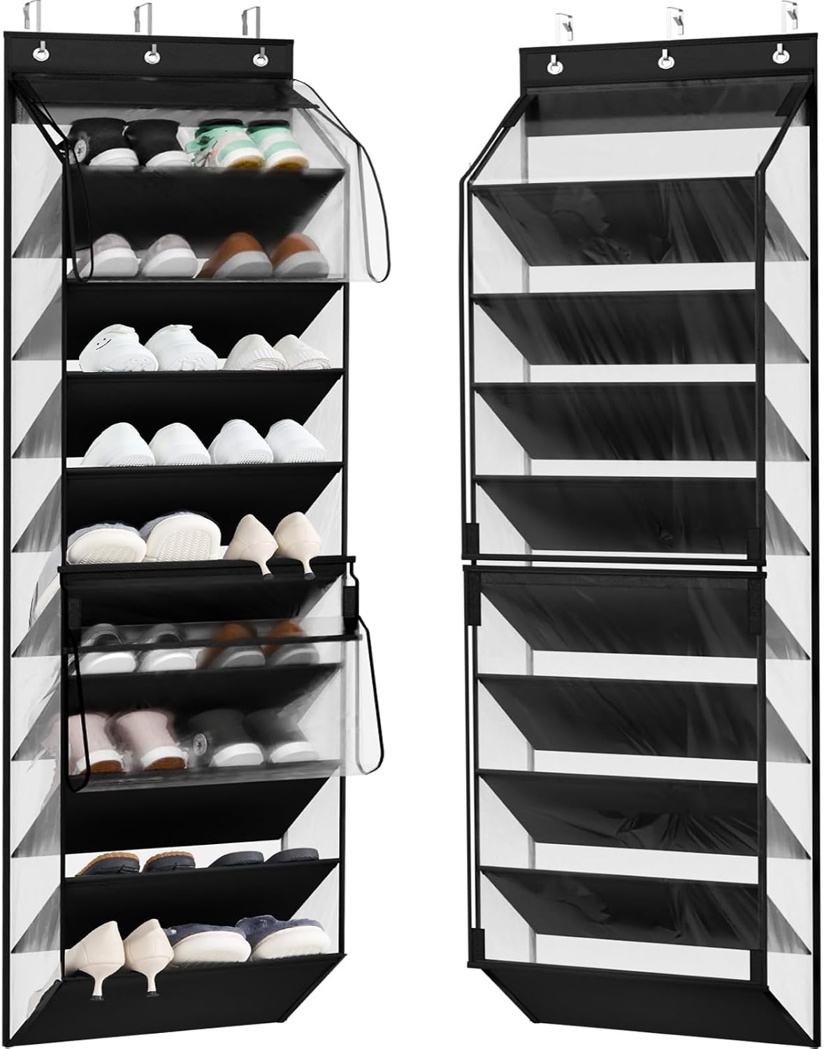 WERNNSAI Over the Door Shoe Organizer with Clear Curtain Dustproof, 9-Shelf Shoe Rack, Deep Pockets Large Hanging Shoes Rack for Closet Door Dorm Bedroom Guest Room Black