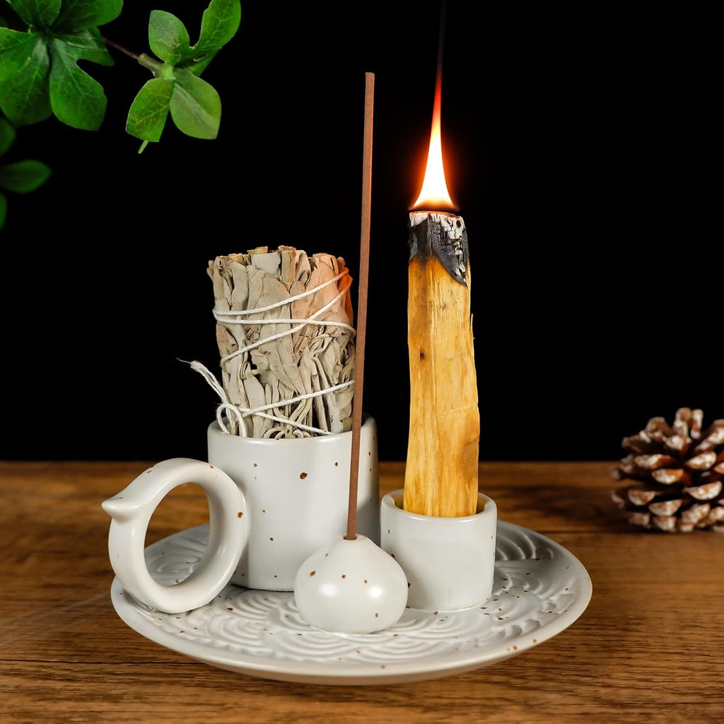 5 in 1 Ceramic Palo Santo Burner Holder for Sage, Incense Sticks & Candle