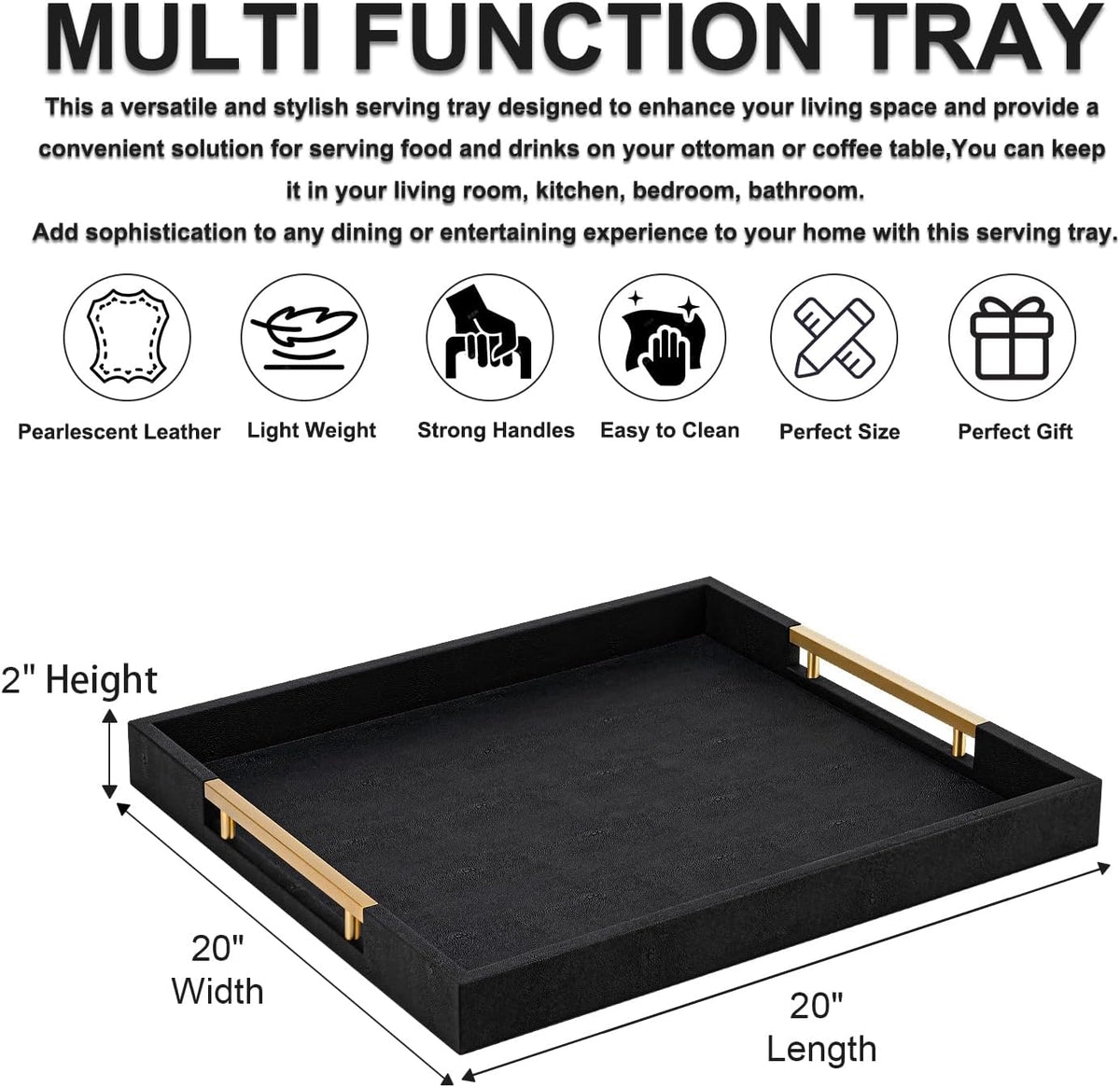 Black Faux Leather Decorative Serving Tray with Handles – Large Square for Coffee Table, Ottoman, Living Room & Bathroom Home Decor