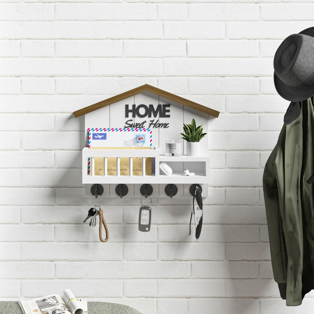 Key and Mail Holder for Wall, Wall Key Holder with Shelf, Key Rack Wall Mount, Wood Key Holder Wall Mount White, Mail Organizer Wall Mounted, Entryway & Front Door Key Holder with 5 Hooks