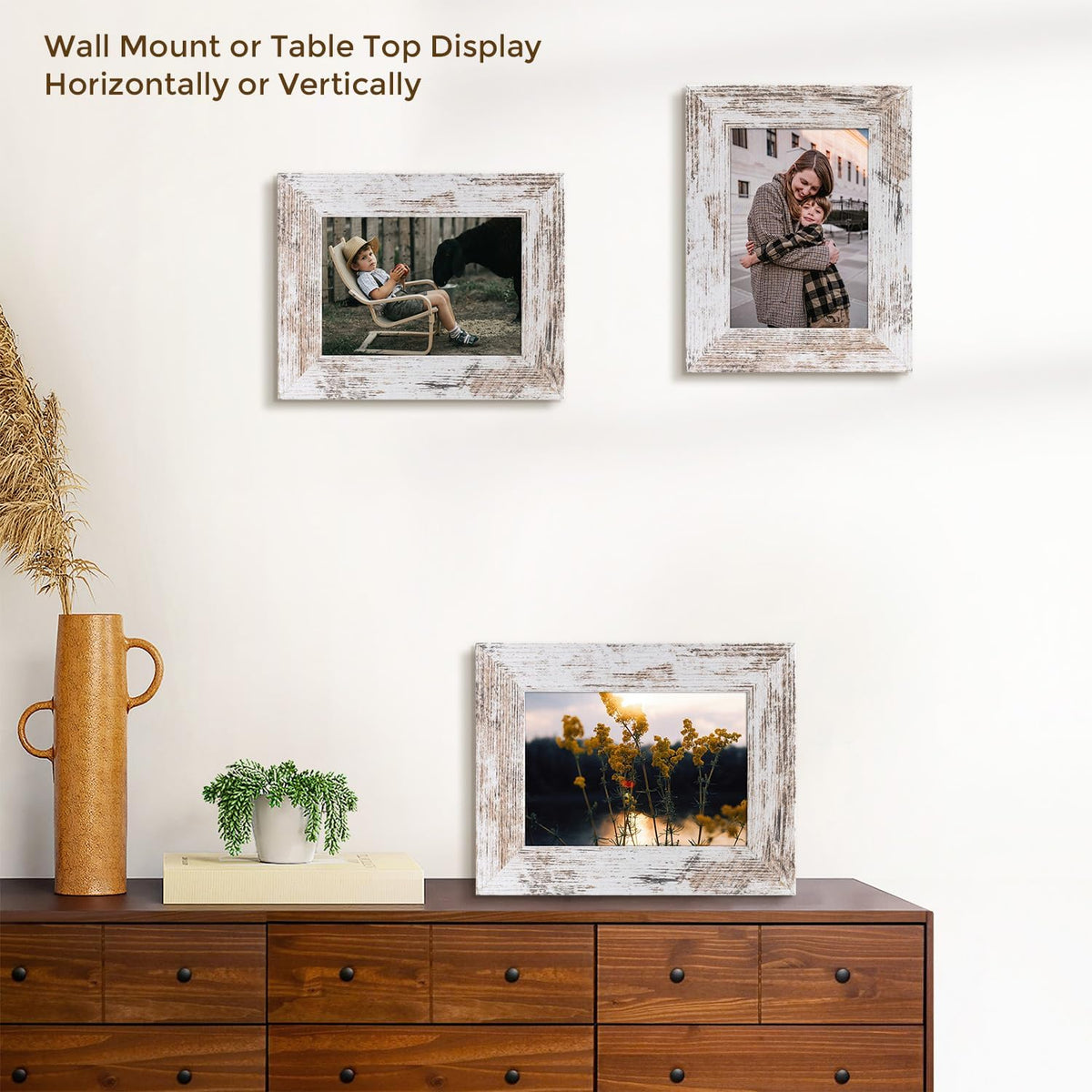 4 Pack 5x7 Picture Frames, Rustic White, Real Glass, Wall&Tabletop Display