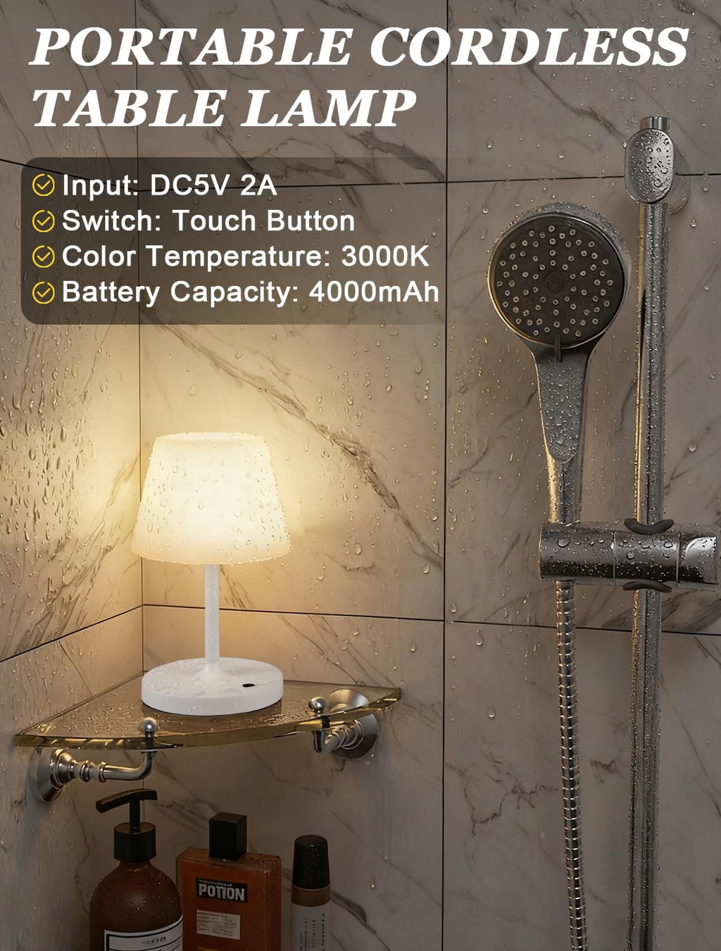 Kakanuo White Cordless Shower Lamp Waterproof, Rechargeable Table Lamp with 4000mAh Battery, Touch Dimmable Desk Light for Outdoor, Kitchen, Bathroom, Camping, Patio, IP54