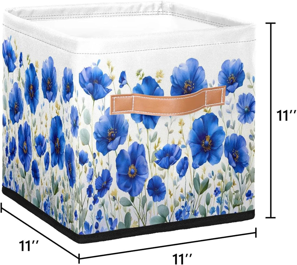 11 Inch Fabric Storage Cube with Handles, Navy Blue Flower Collapsible Storage Basket for Shelves, Square Storage Bin Canvas Closet Organizer for Decor