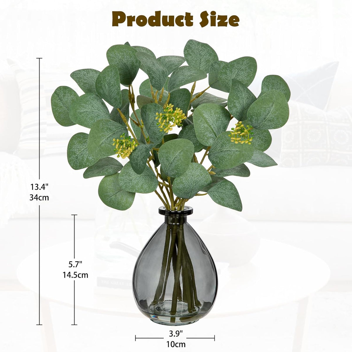 DILATATA Artificial Eucalyptus Stems in Glass Vase with Faux Water, 13" Fake Plant Eucalyptus Leaves Greenery for Table Centerpiece Office Home Decor - Black