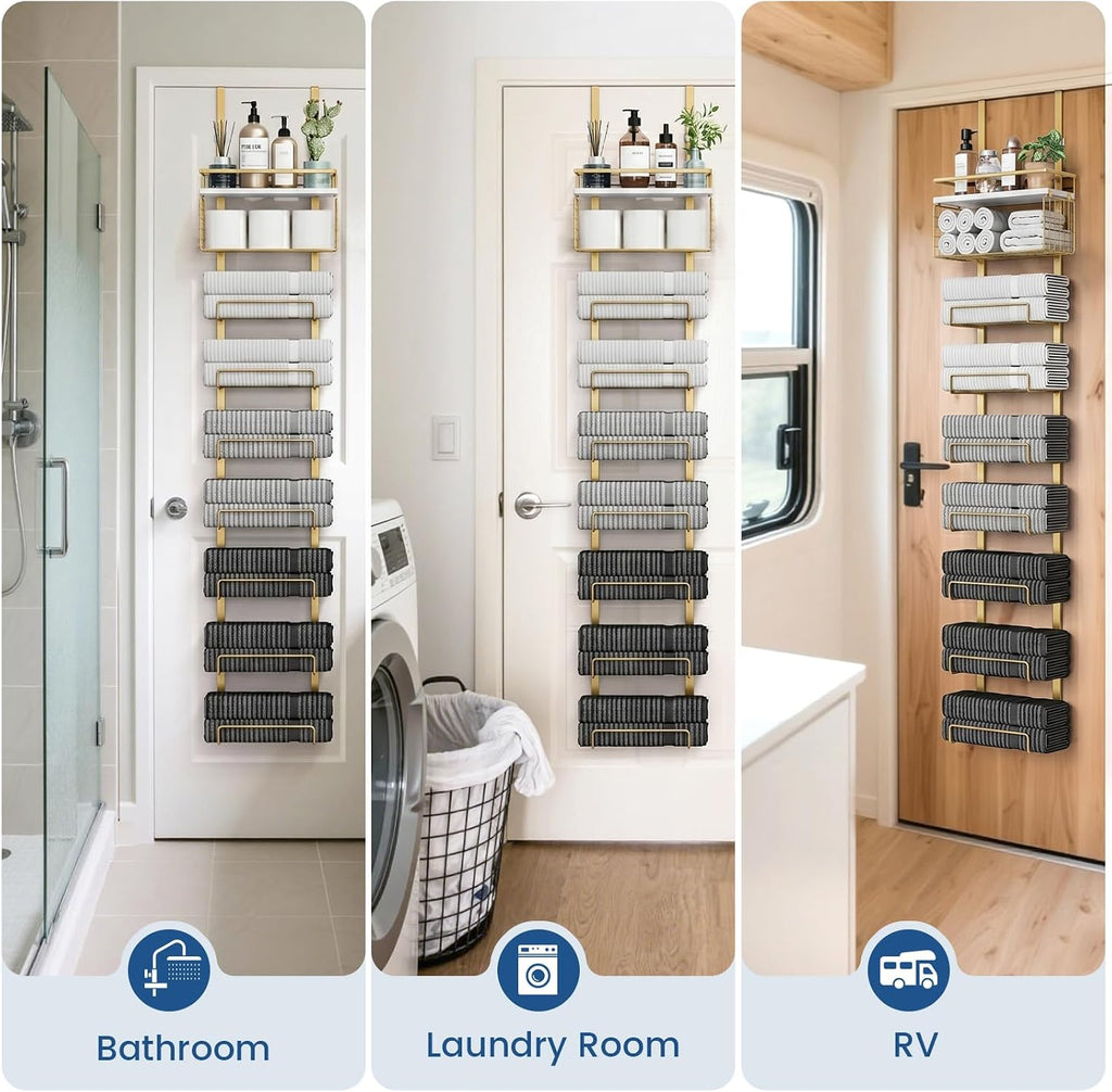 Aetyord Towel Racks for Bathroom Over The Door Towel Racks Towel Storage Organizer with Metal Shelf Basket for Bathroom Rv Camper (9-Tier Gold with White Plank)