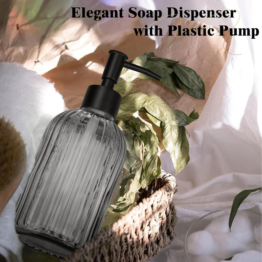 1 Pack 13.5oz Glass Soap Dispenser with Plastic Pump, Vertical Stripe Design Refillable Hand Soap Dispenser for Hand Wash, Bathroom and Kitchen