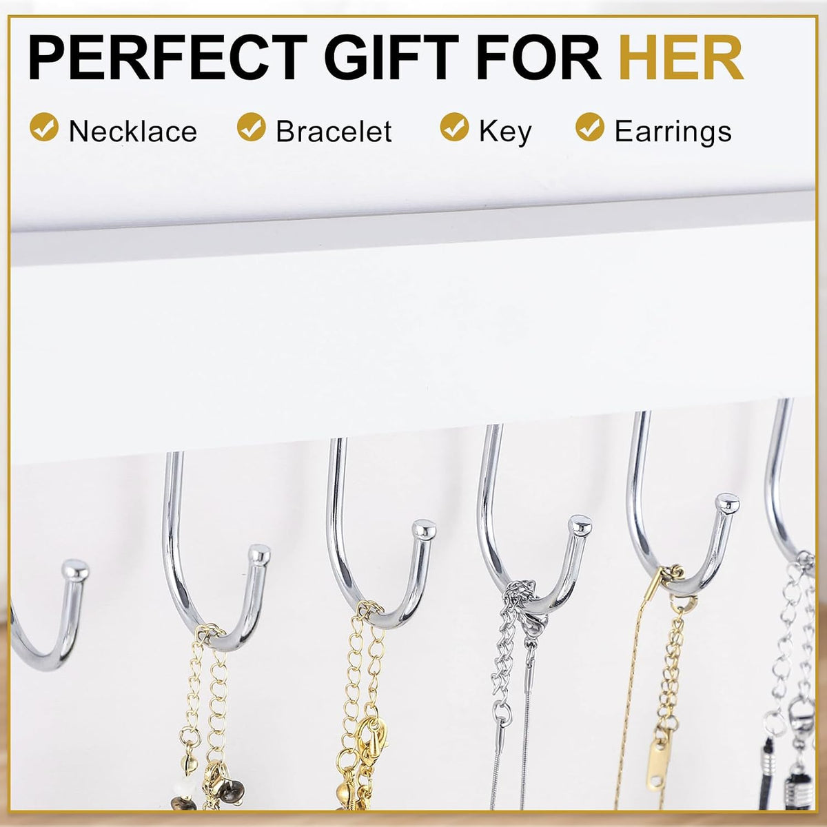 2 Pack Wall Necklace Organizer, Wooden Jewelry Holder, White, 24 Hooks