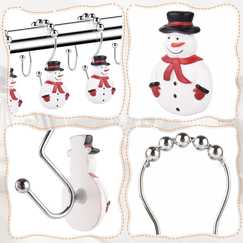 Christmas Double Shower Curtain Hooks,12PCS Xmas Snowman Rust Proof Shower Curtain Hook Rings for Winter Decoration in Bathroom and Living Room