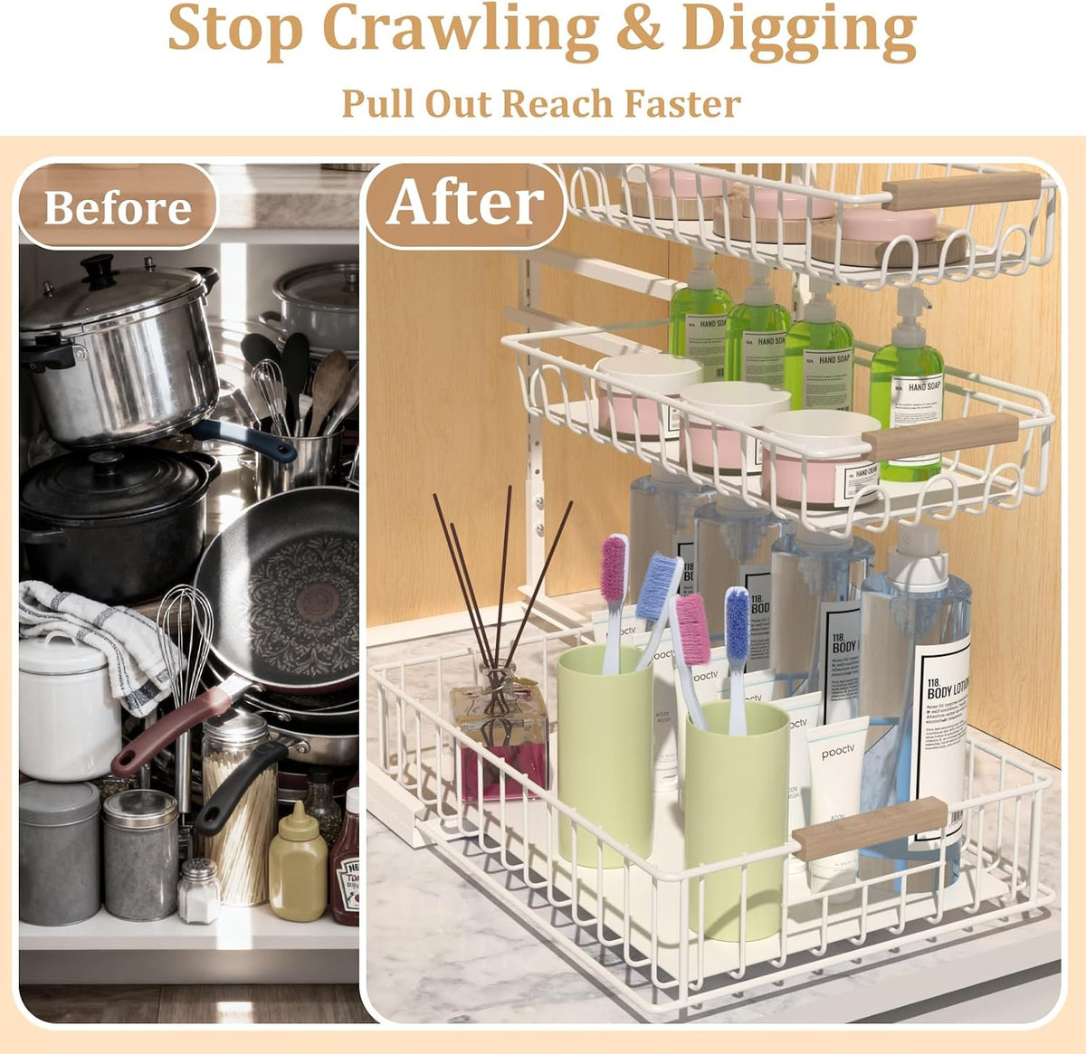 3 Tier Under Sink Organizer, Adjustable Pull Out Metal Storage Drawer