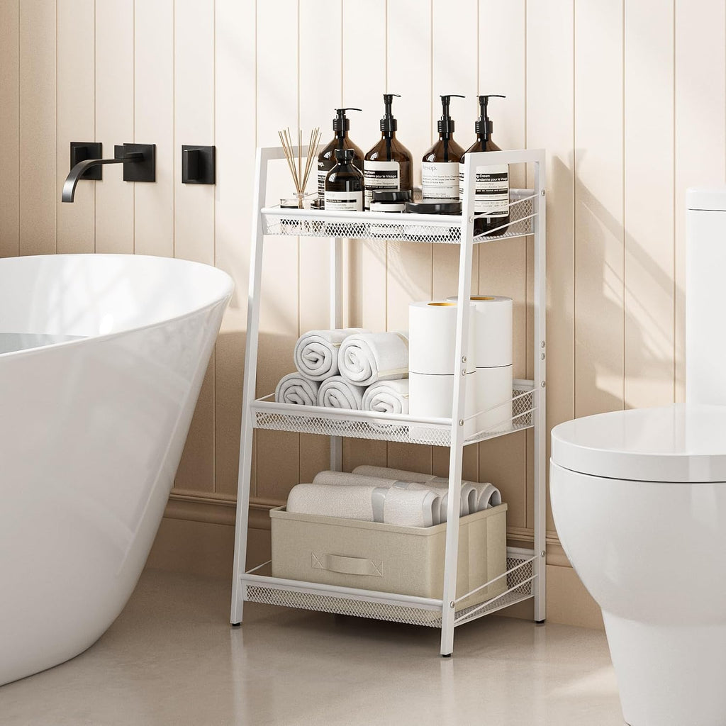 Masupu 3 Tier Bathroom Shelf, Bathroom Organizer and Storage for Small Space, Free-Standing Metal Rack Shelves Waterproof for Kitchen, Bathroom, Laundry, Toilet, White