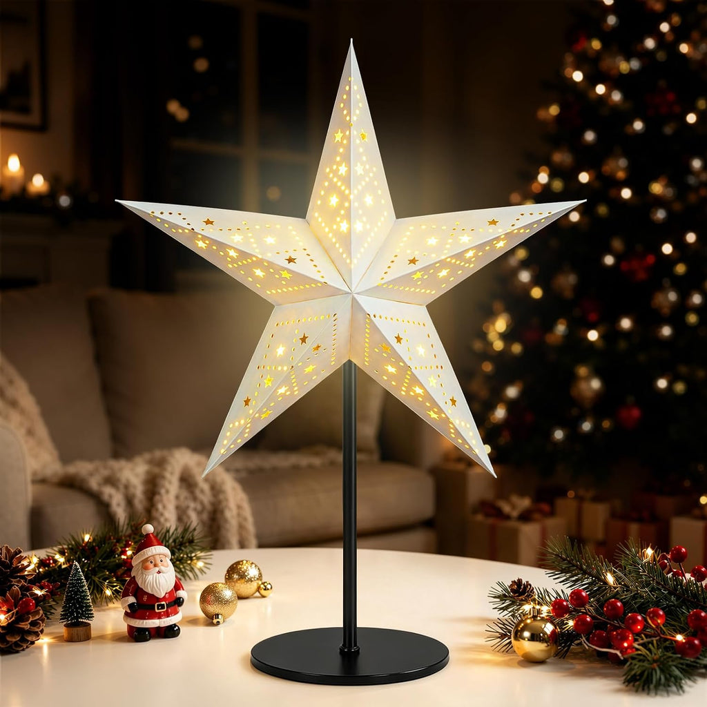 Lewondr 3D Christmas Paper Star Table Lamp, 17.72" 5-Pointed Xmas Star