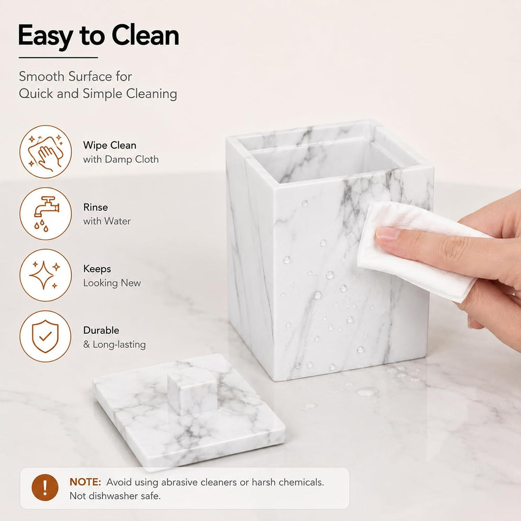 2-Pack Marble Pattern Cotton Swab Holders with Lids, Resin Bathroom Vanity Storage Jars, Square Qtip Containers for Cotton Balls, Pads, and More (White)