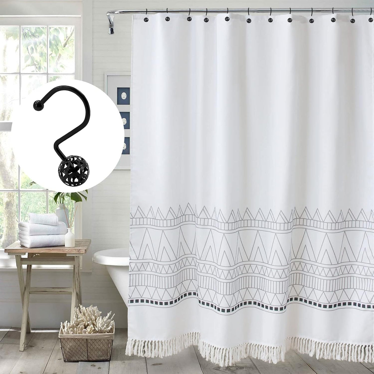 MitoVilla 24 Pcs Set Black Shower Curtain Hooks, Metal Shower Hooks for Shower Curtain & Liner, Hollow Ball Rust Proof Shower Rings for Curtain Accessories and Bathroom Shower Rod
